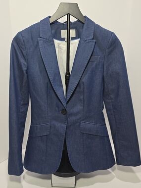 H&M Blue Tailored Single-Button Women's Blazer Jacket Size 2 Striped Lining